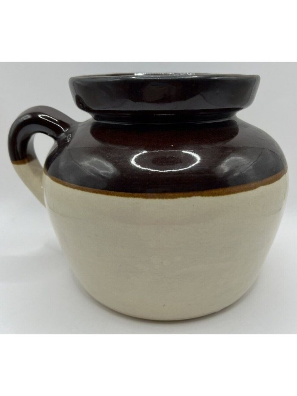 Vtg 3 Qt Stoneware Bean Pot Crock With Handle No Lid Brown, White 7X10X8''